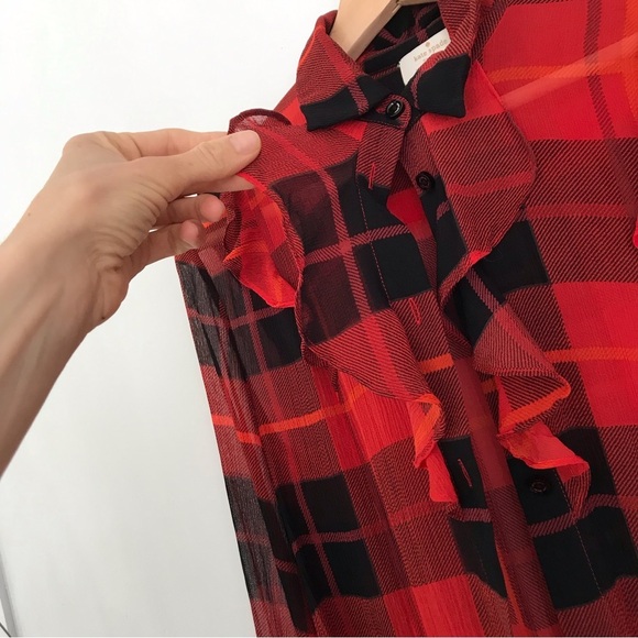 KATE SPADE Women's Red Plaid Ruffle Long Sleeve Silk Blouse Size 4 - Picture 8 of 15
